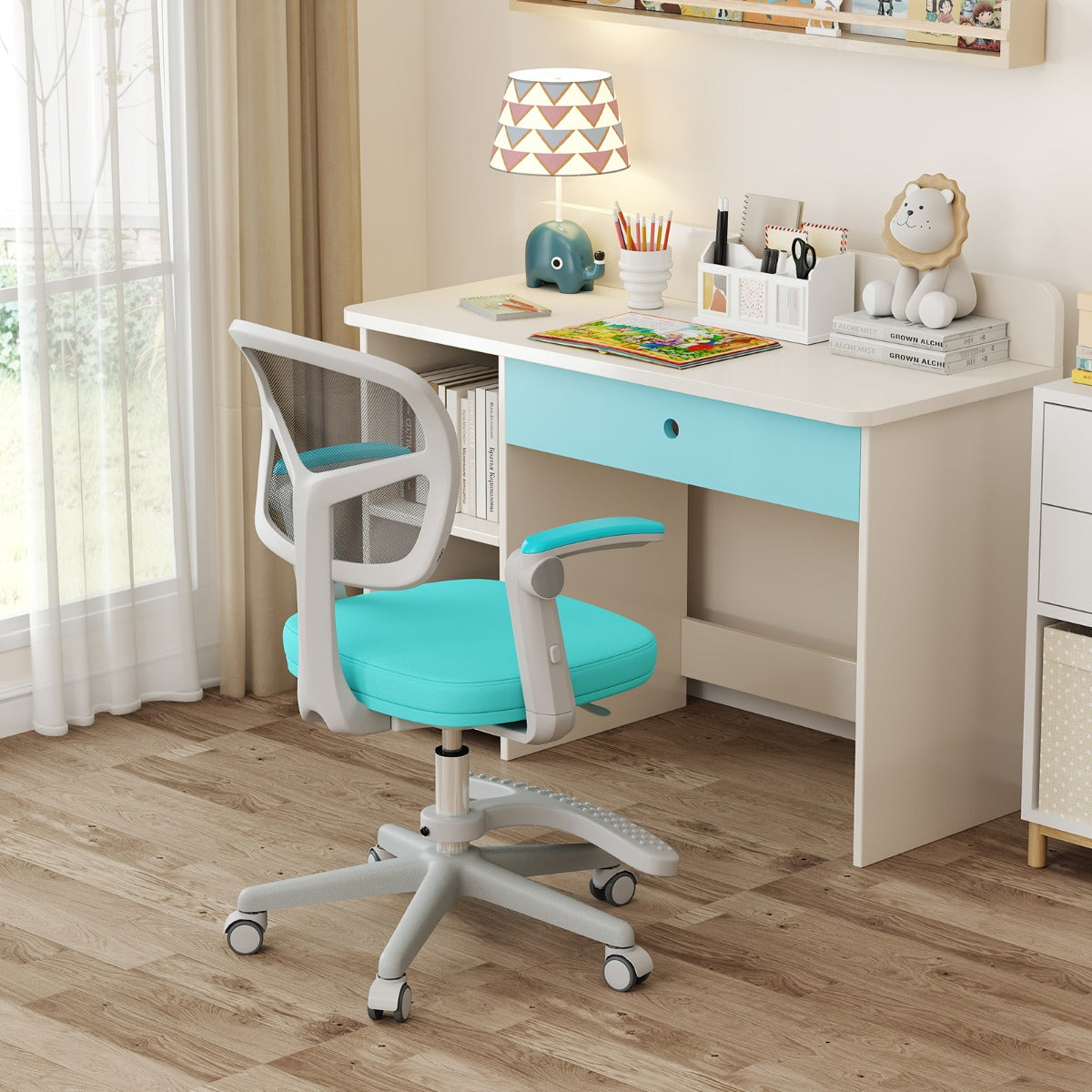 Sedia da studio con altezza regolabile da computer in rete, Sedia da scrivania per bambini ruote universali Verde-Tavoli e sedie