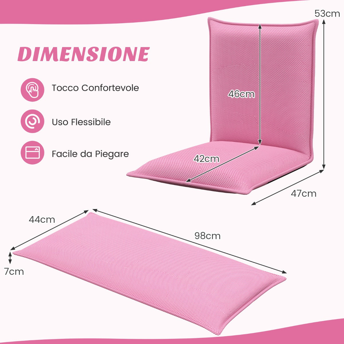 Sedia da terra con supporto schiena, Poltrona reclinabile imbottita struttura di metallo resistente Rosa-Divani da terra