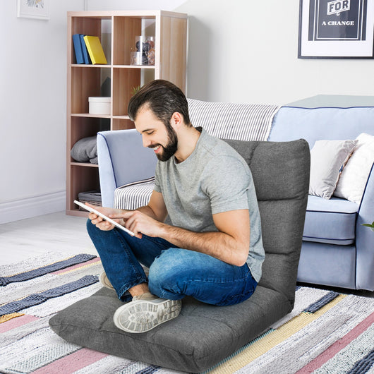 Sedia da terra con schienale regolabile in 14 posizioni e struttura in acciaio, Divano con fodera Grigio-Divani da terra