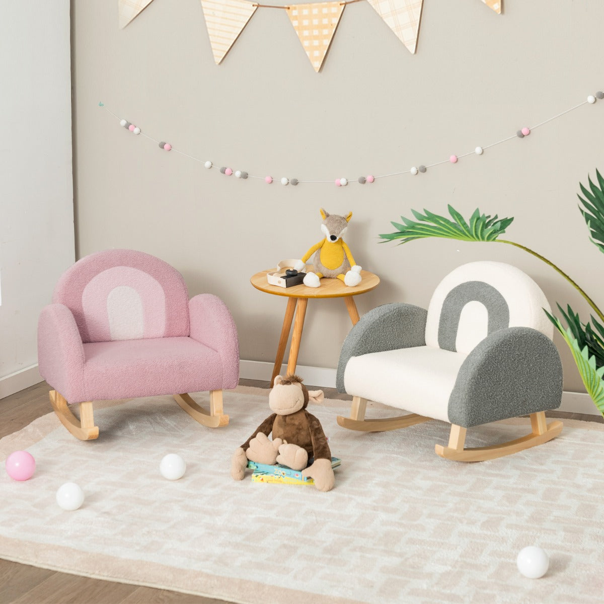 Sedia dondolo per bambini con gambe in legno massiccio e cuscinetti antiscivolo, Poltrona a dondolo Rosa-Divani per bimbi