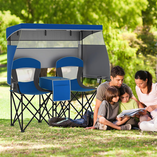 Sedia doppia da spiaggia tende ombreggianti su 3 lati borsa termica, Doppia sedia da spiaggia con tettoia regolabile Blu-Tavoli e sedie da campeggio