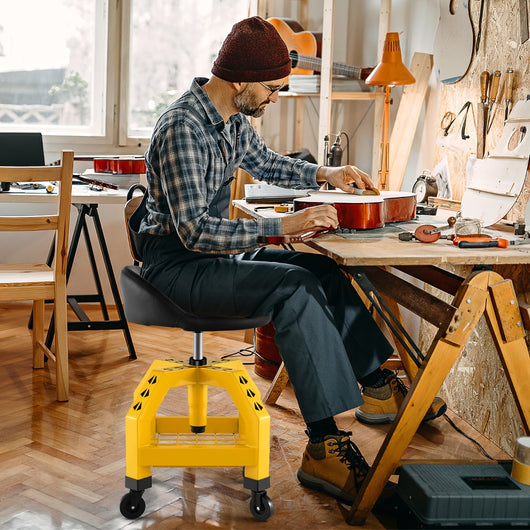 Sedia girevole per meccanico con vassoio porta attrezzi 4 ruote universali, Sgabello regolabile in altezza potata 150kg Giallo-Deposito utensili Tool
