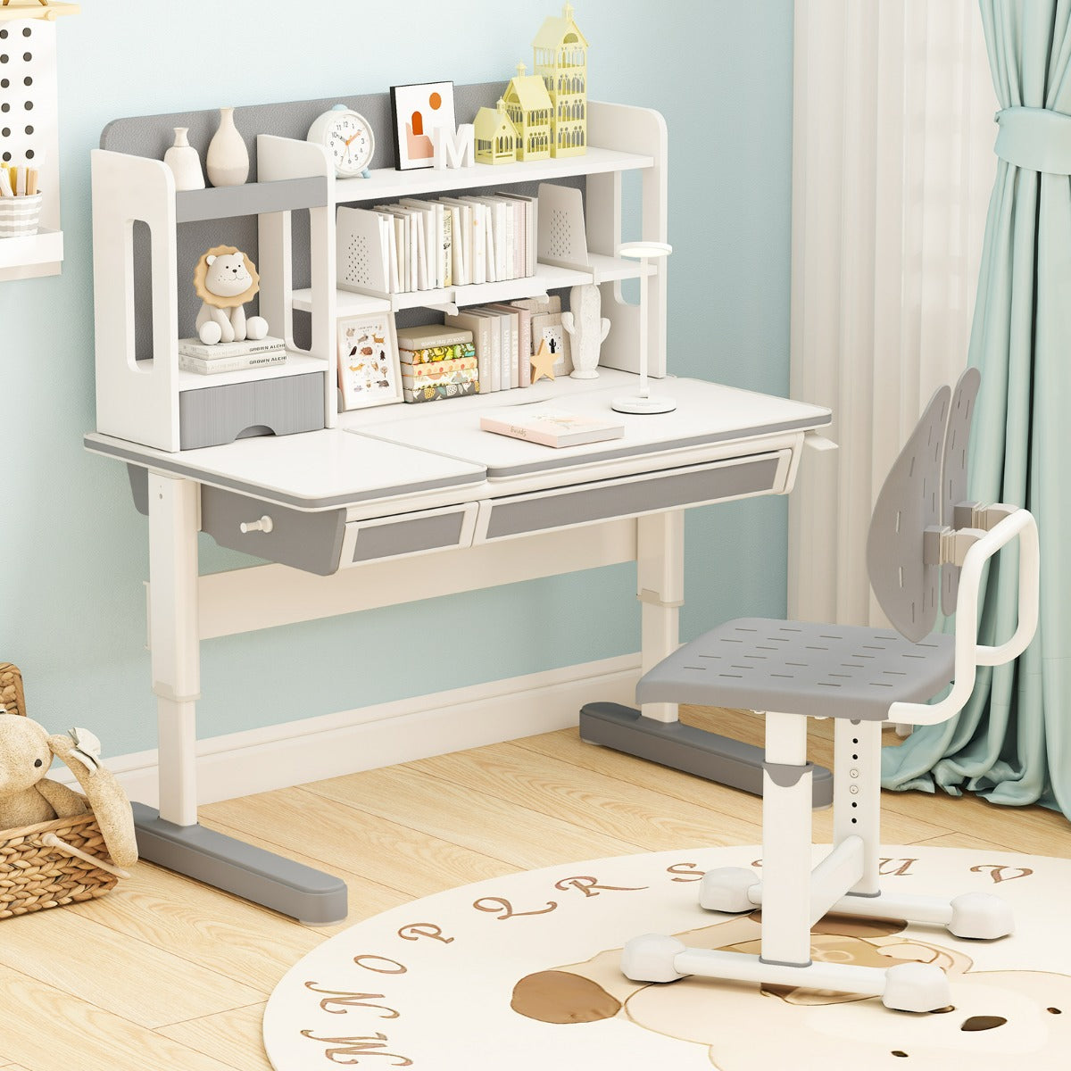 Sedia regolabile in altezza per bambini con doppi supporti dorsal, Sedia da studio con seduta traspirante Grigio-Tavoli e sedie