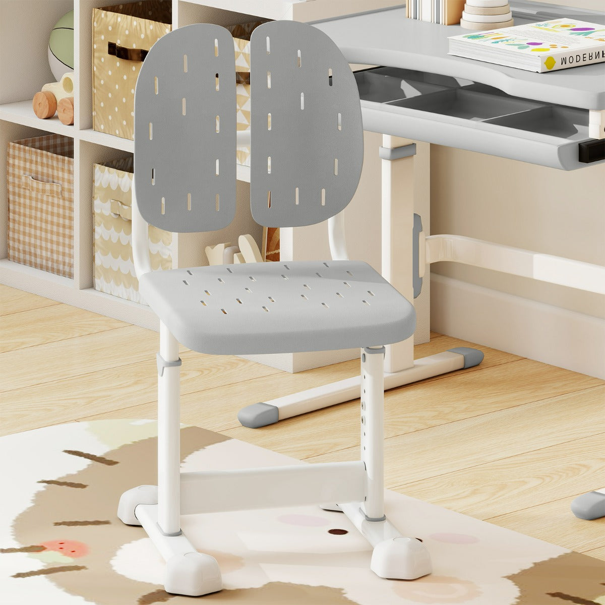 Sedia regolabile in altezza per bambini con doppi supporti dorsal, Sedia da studio con seduta traspirante Grigio-Tavoli e sedie