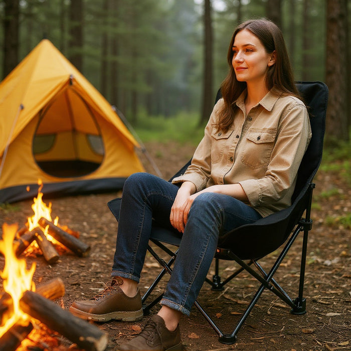 Sedia pieghevole imbottita con schienale regolabile e tasca laterale carico massimo 150 kg-Sedia da campeggio portatile Nero