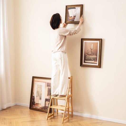 Sedia scaletta pieghevole con struttura in bamb¨´, Sgabello scaletta convertibile a 3 gradini capacit¨¤ 150kg Naturale-Sedie e poltrone