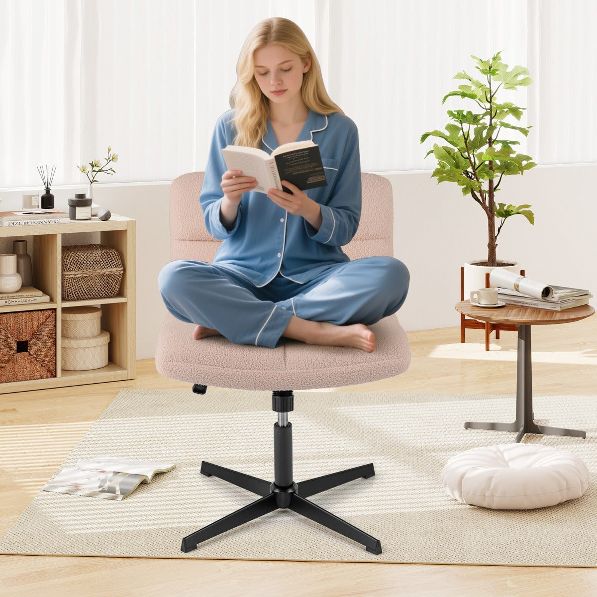 Sedia da ufficio a gambe incrociate con altezza regolabile rotazione a 360¡ã-Sedia da ufficio senza braccioli da lavoro per studio Rosa