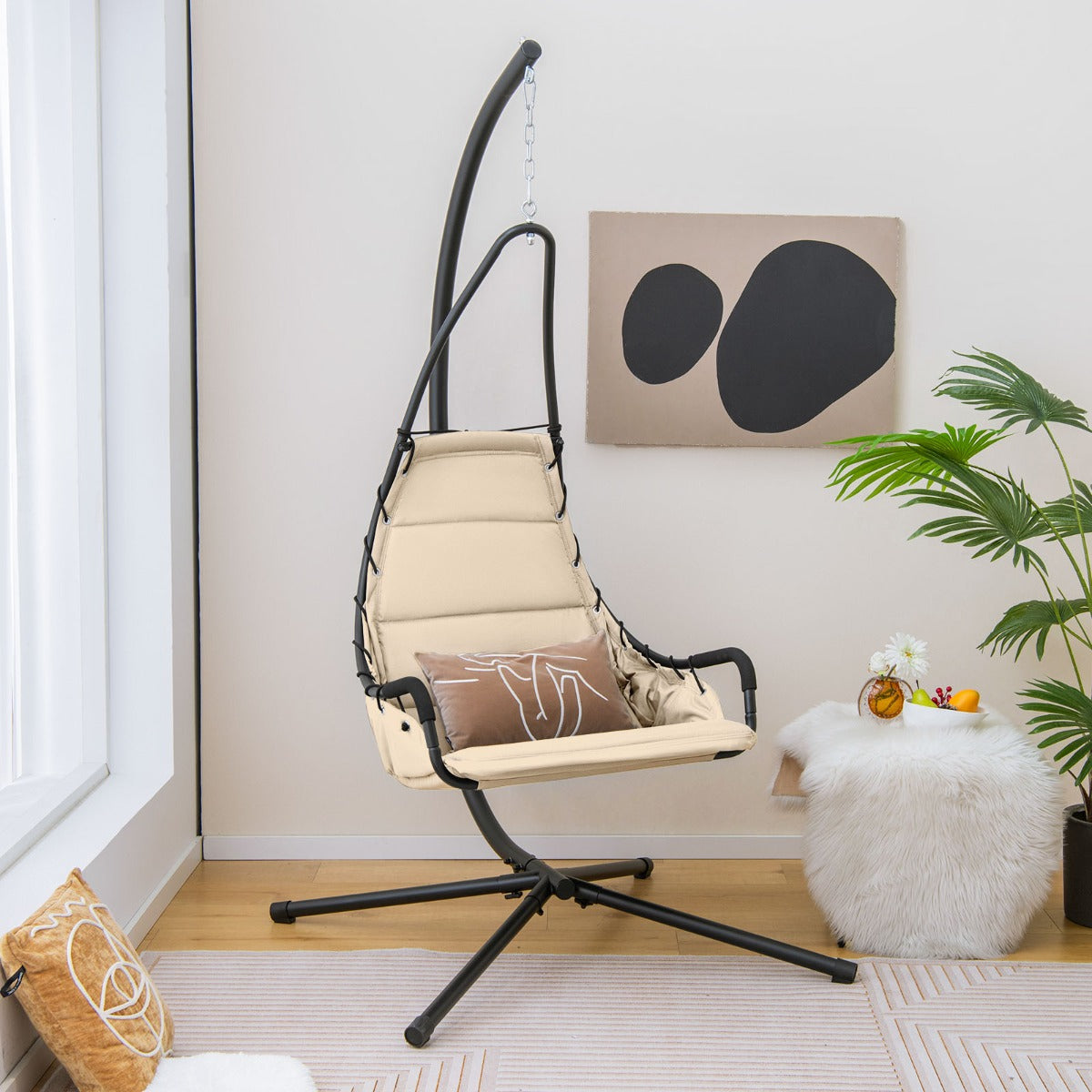 Sedia sospesa con supporto in metallo sedile extra large imbottito, Sedia a dondolo da interno ed esterno Beige-Amache e supporto