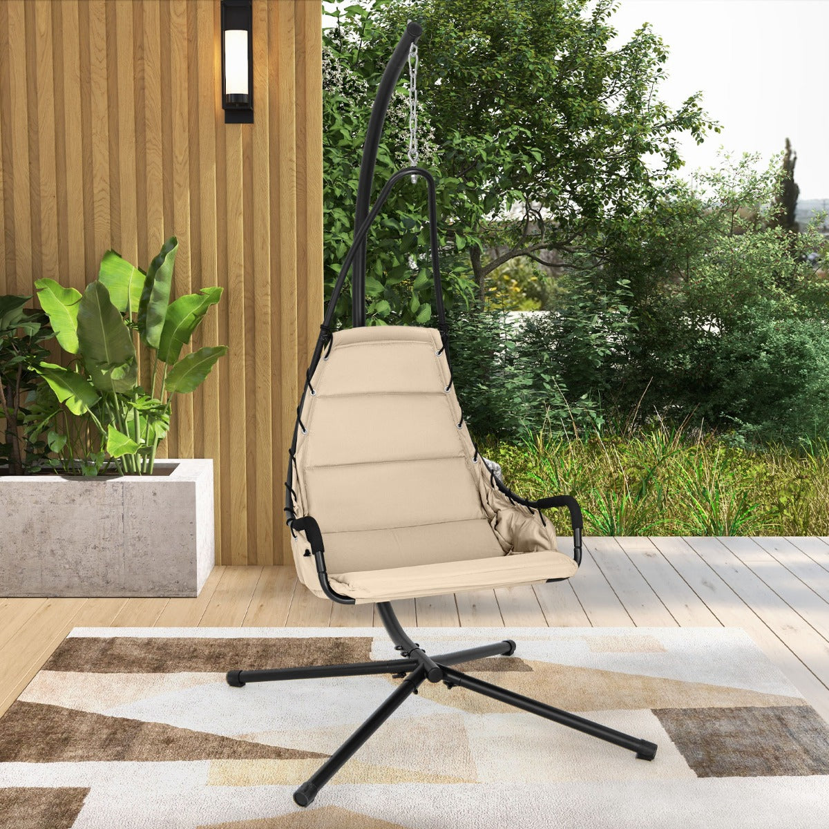 Sedia sospesa con supporto in metallo sedile extra large imbottito, Sedia a dondolo da interno ed esterno Beige-Amache e supporto