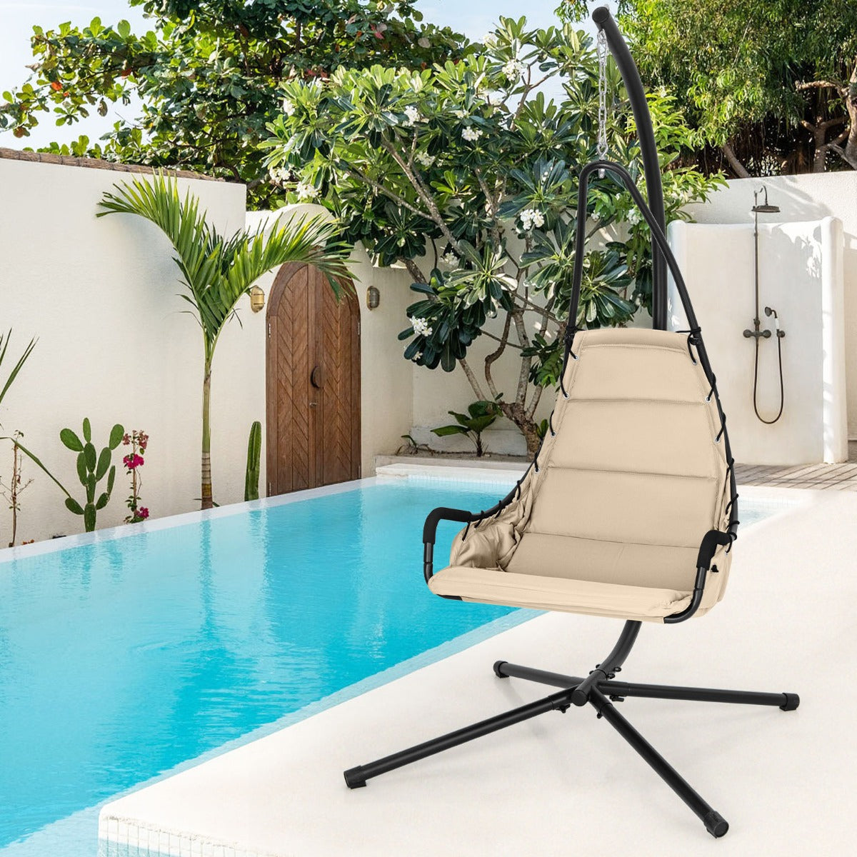 Sedia sospesa con supporto in metallo sedile extra large imbottito, Sedia a dondolo da interno ed esterno Beige-Amache e supporto