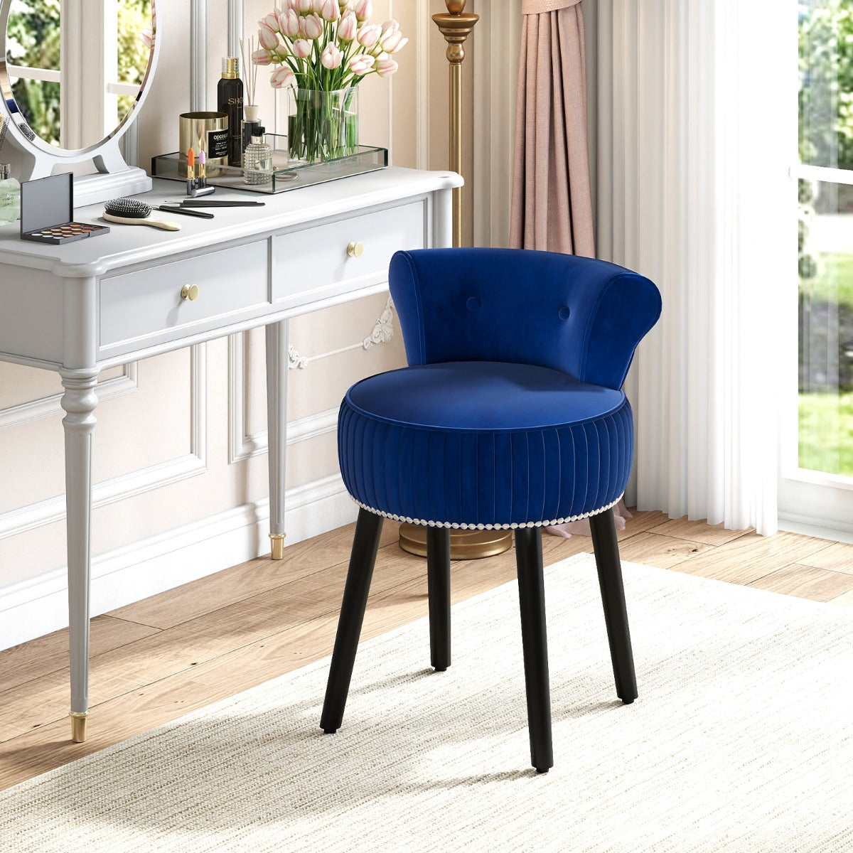 Sedia vanity in velluto con schienale sgabello vanity imbottito con schienale basso capitonn¨¦-Sedia d¡¯accent Blu