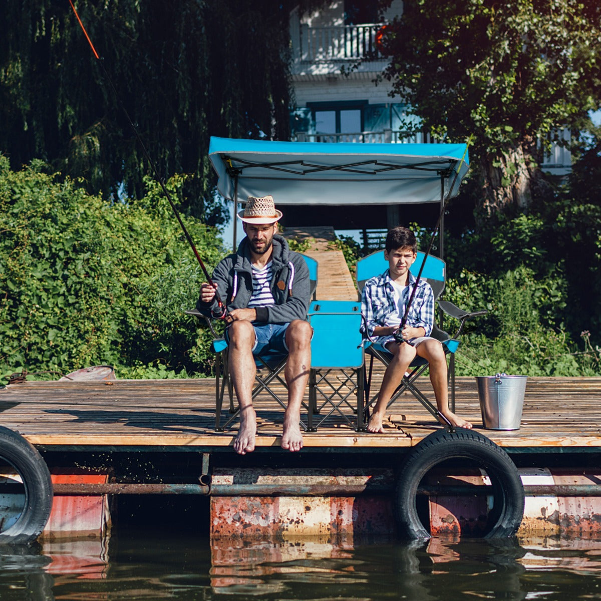 Sedie da campeggio pieghevoli con tettoia borsa termica tavolino, Panchina da picnic a 2 posti regolabile Blu-Tavoli e sedie da campeggio