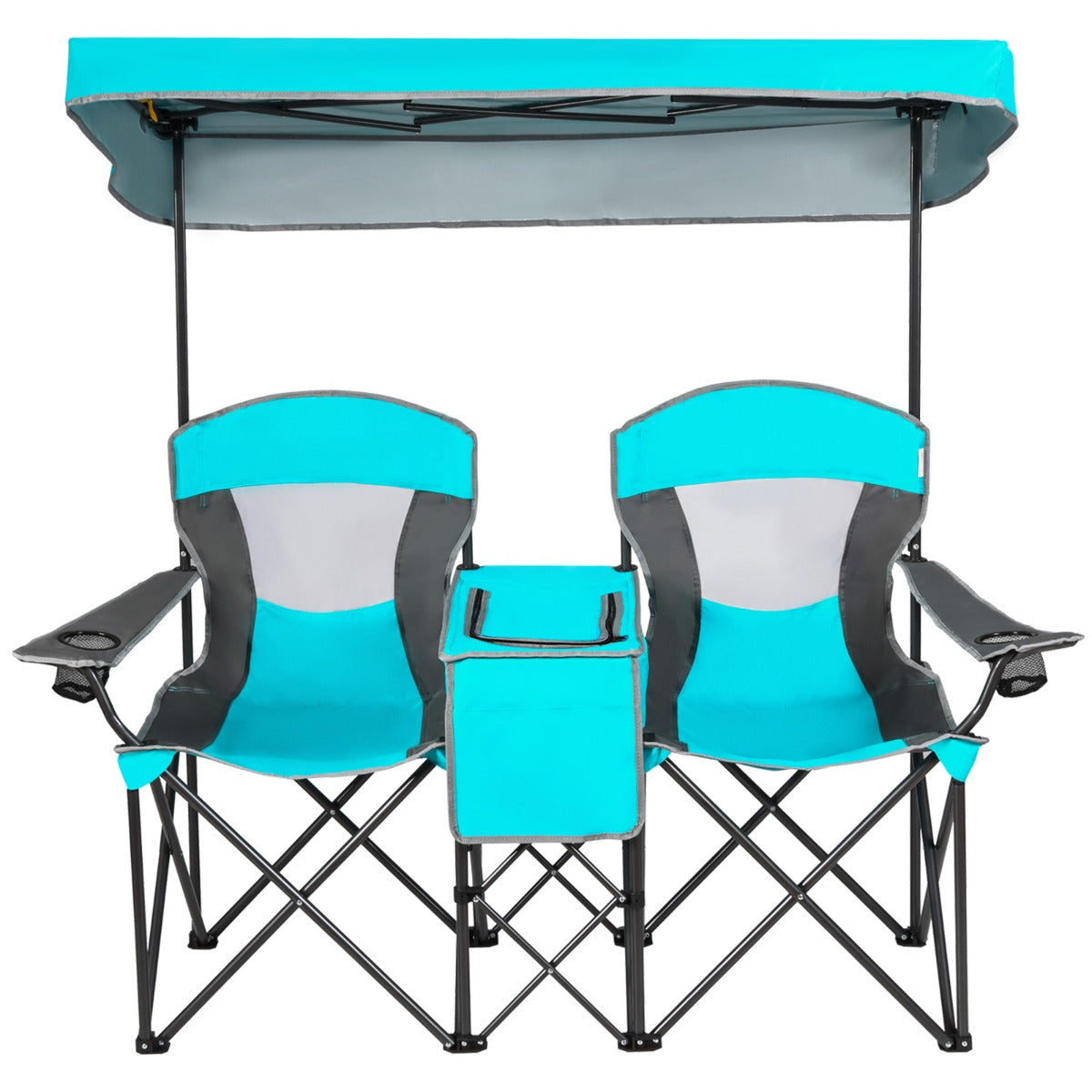 Sedie da campeggio pieghevoli con tettoia borsa termica tavolino, Panchina da picnic a 2 posti regolabile Blu chiaro-Tavoli e sedie da campeggio