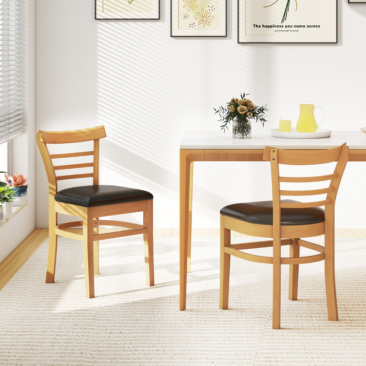 Sedie da cucina senza braccioli rivestite in finta pelle con gambe in legno di gomma, Seduta imbottita e schienale curvo Marrone-Sedie da pranzo