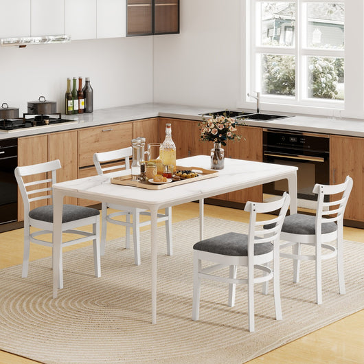 Sedie da cucina senza braccioli rivestite in finta pelle con gambe in legno di gomma, Seduta imbottita e schienale curvo Bianco-Sedie da pranzo