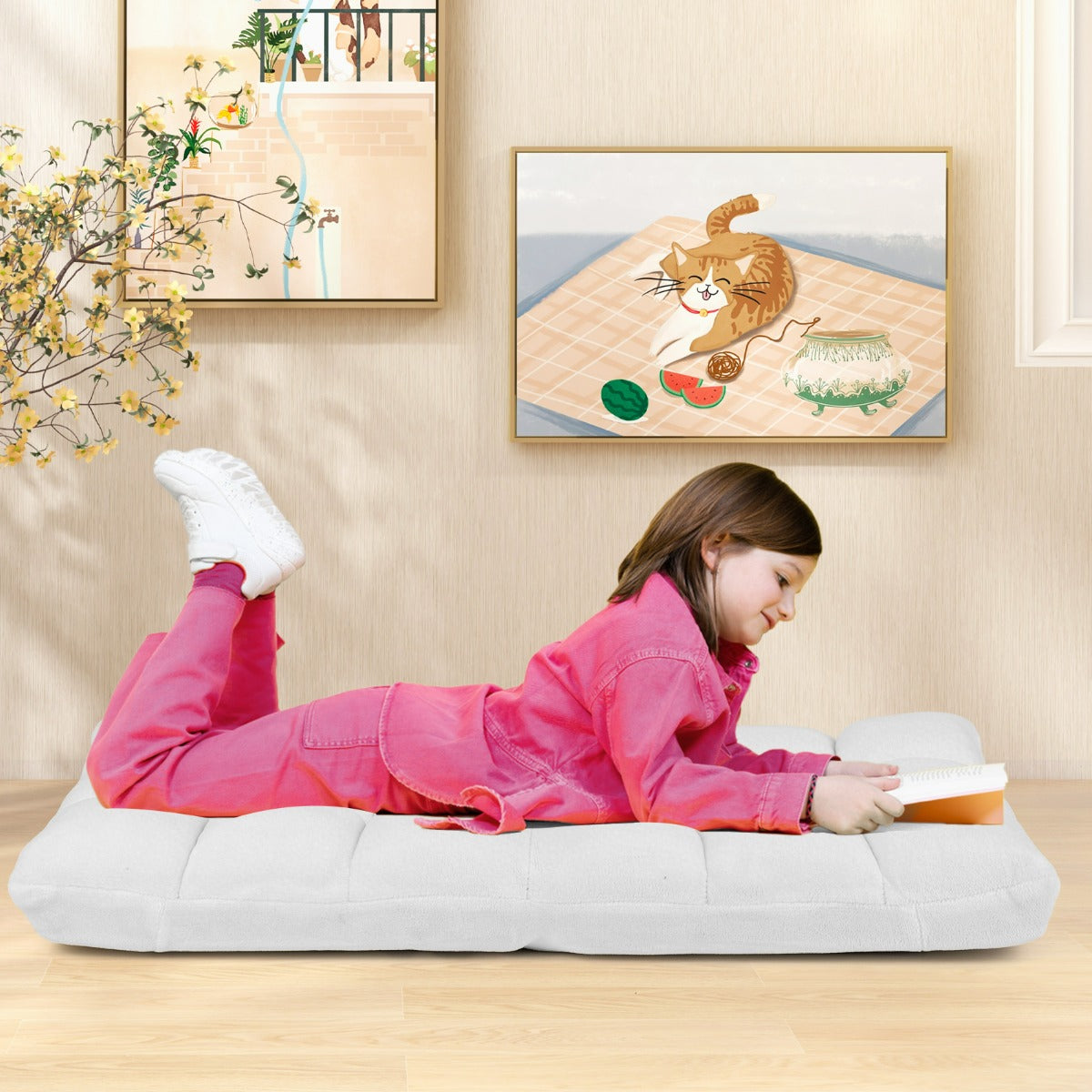 Sedia imbottita da pavimento regolabile in 14 posizioni, Poltrona da pavimento 105x56x15cm Bianco-Divani da terra