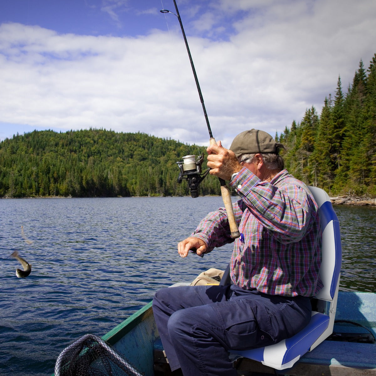 Sedile da barca alto con schienale, Sedile da pesca pieghevole con morbido cuscino imbottito Blu-Sport acquatici