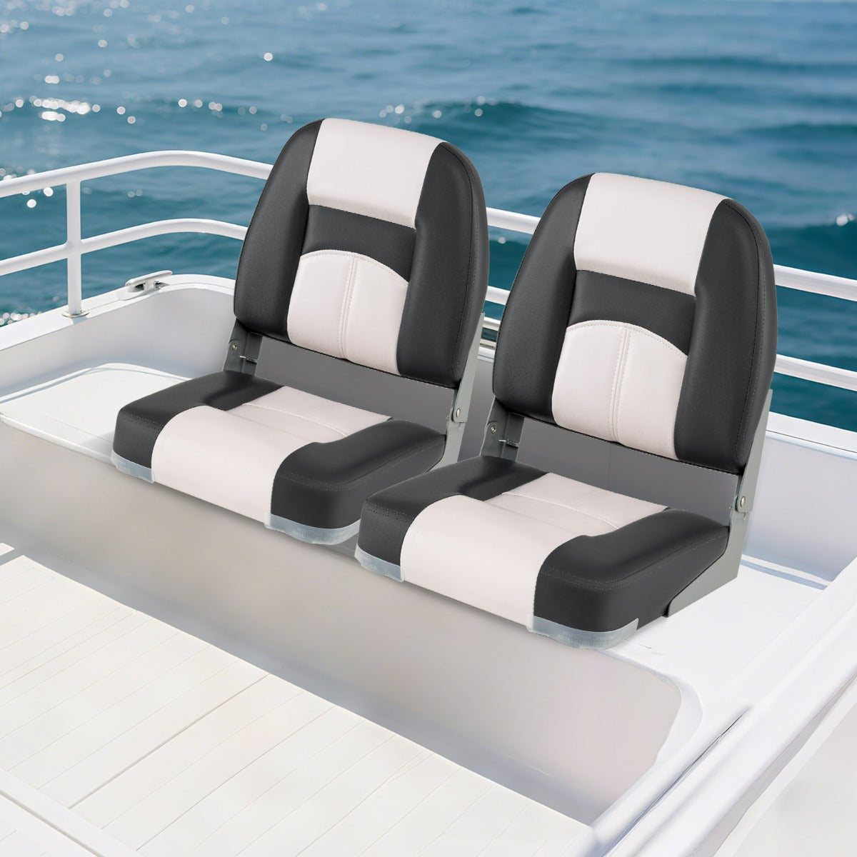 Set di 2 sedili per barca con imbottitura spessa in spugna, Sedili pieghevoli per cabina in pelle PVC impermeabile Grigio-Sport acquatici