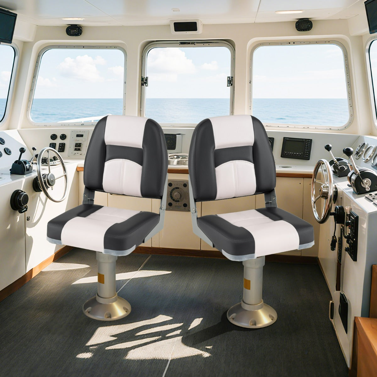 Set di 2 sedili per barca con imbottitura spessa in spugna, Sedili pieghevoli per cabina in pelle PVC impermeabile Grigio-Sport acquatici