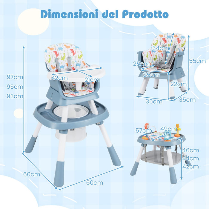 Set tavolo e sedia multifunzionale con vassoio rimovibile e cintura, Seggiolone convertibile per bambini 16-in-1 Blu-Seggioloni