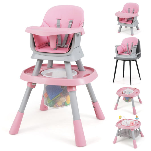 Set tavolo e sedia multifunzionale con vassoio rimovibile e cintura, Seggiolone convertibile per bambini 16-in-1 Rosa-Seggioloni
