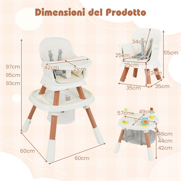 Set tavolo e sedia multifunzionale con vassoio rimovibile e cintura, Seggiolone convertibile per bambini 16-in-1 Bianco-Seggioloni