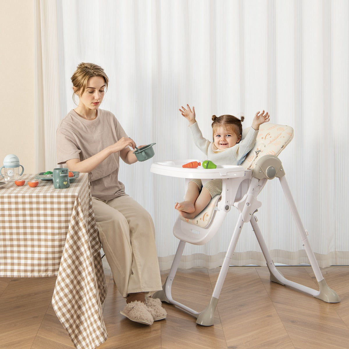 Seggiolone pappa per neonati bambini con altezze regolabili vassoio rimovibile ruote, Seggiolone portatile Beige-Seggioloni