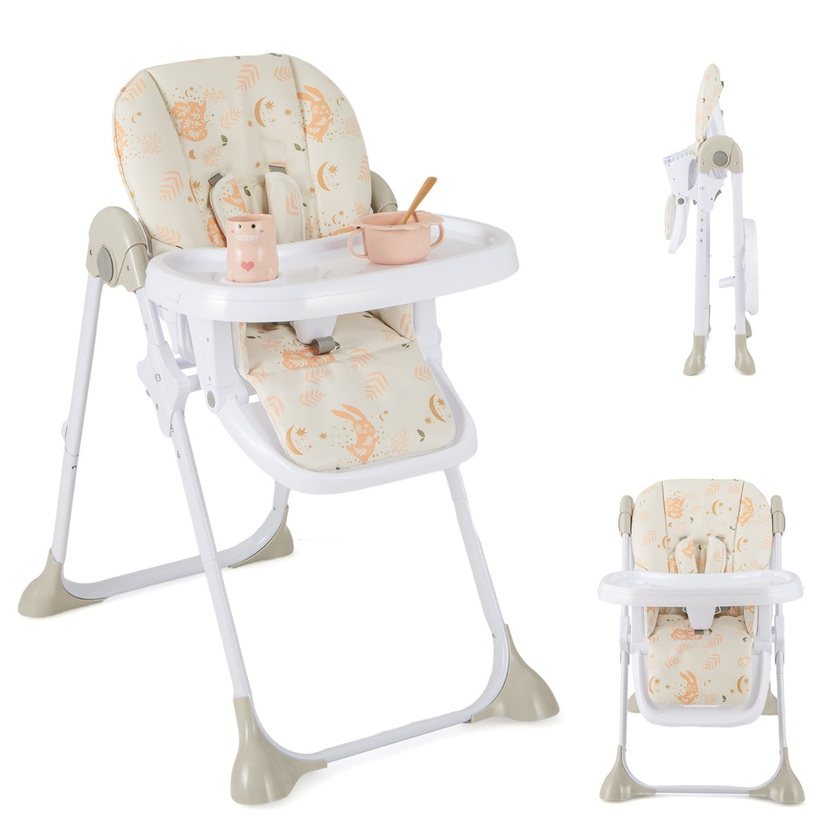 Seggiolone pappa per neonati bambini con altezze regolabili vassoio rimovibile ruote, Seggiolone portatile Beige-Seggioloni