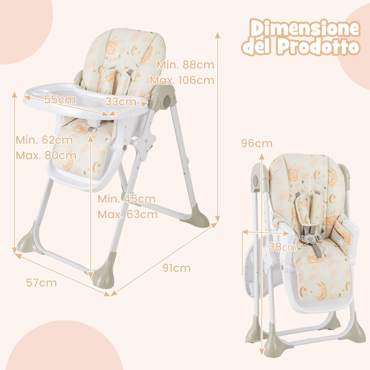Seggiolone pappa per neonati bambini con altezze regolabili vassoio rimovibile ruote, Seggiolone portatile Beige-Seggioloni