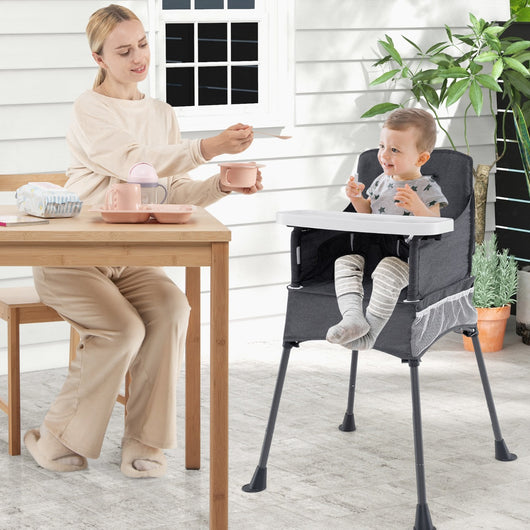 Seggiolino pieghevole per viaggio aperture regolabili per gambe, Seggiolone salvaspazio con vassoio regolabile a 2 livelli Grigio scuro-Seggioloni