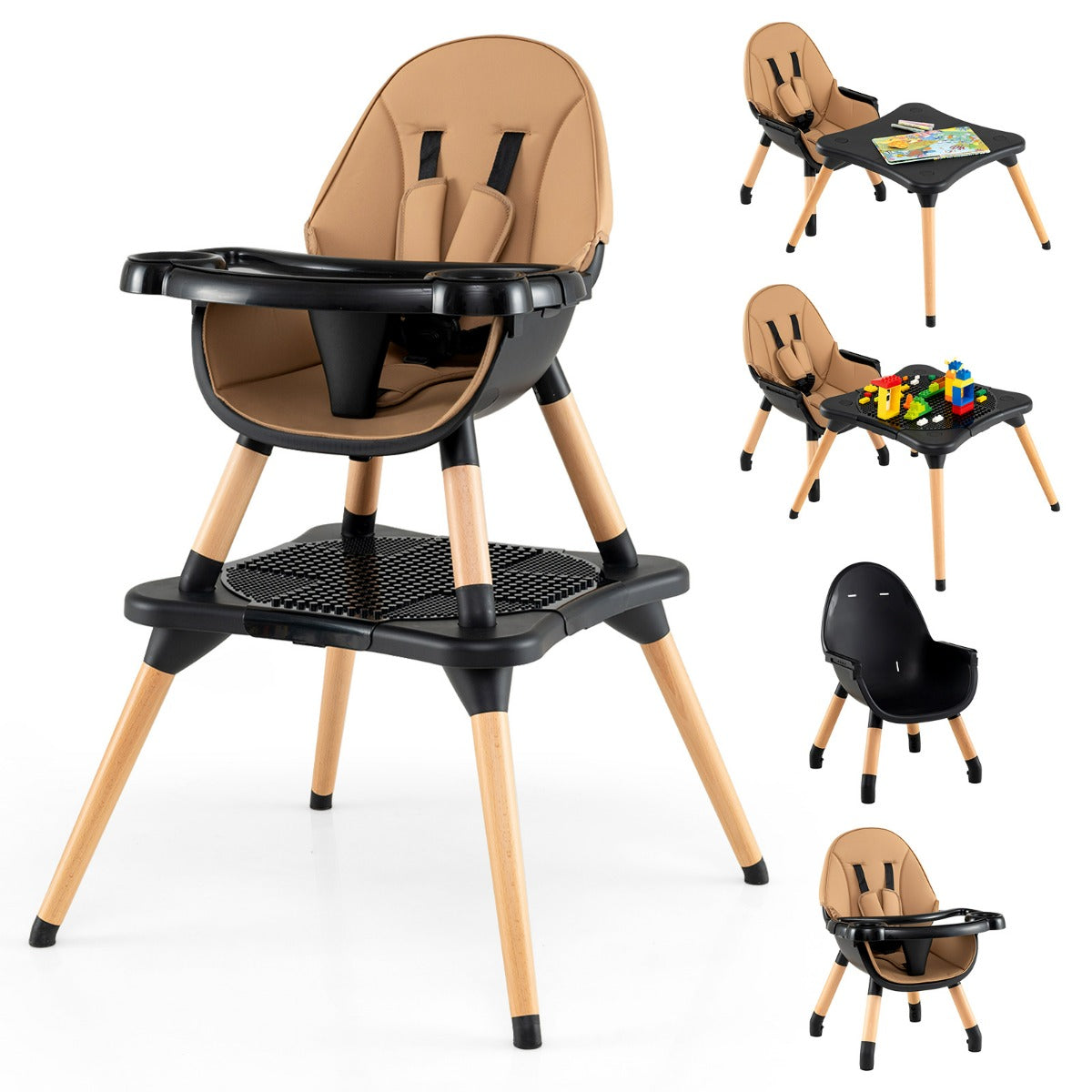 Set tavolo sedia 6-in-1 convertibile con vassoio rimovibile, Sedia in legno per pranzo e studio per bambini Caff¨¨-Seggioloni