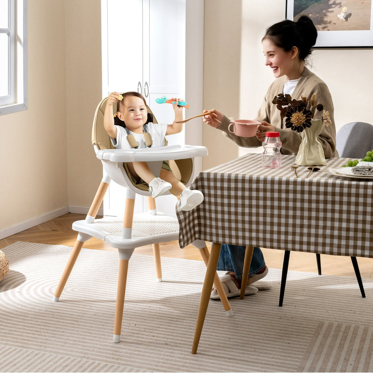 Set tavolo sedia 6-in-1 convertibile con vassoio rimovibile, Sedia in legno per pranzo e studio per bambini Beige-Seggioloni