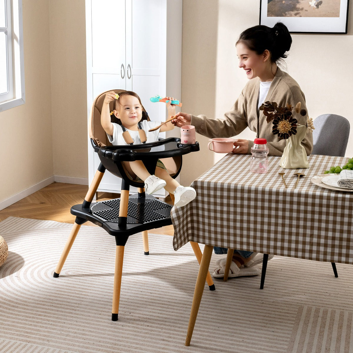 Set tavolo sedia 6-in-1 convertibile con vassoio rimovibile, Sedia in legno per pranzo e studio per bambini Caff¨¨-Seggioloni
