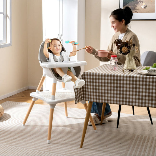 Set tavolo sedia 6-in-1 convertibile con vassoio rimovibile, Sedia in legno per pranzo e studio per bambini Grigio-Seggioloni
