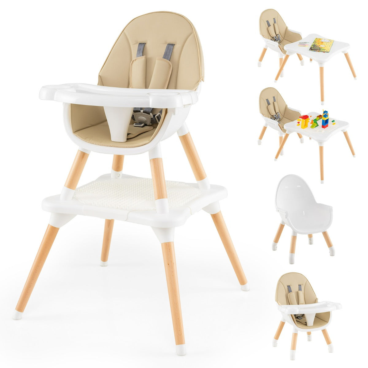 Set tavolo sedia 6-in-1 convertibile con vassoio rimovibile, Sedia in legno per pranzo e studio per bambini Beige-Seggioloni