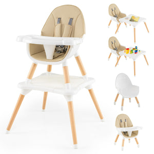 Set tavolo sedia 6-in-1 convertibile con vassoio rimovibile, Sedia in legno per pranzo e studio per bambini Beige-Seggioloni