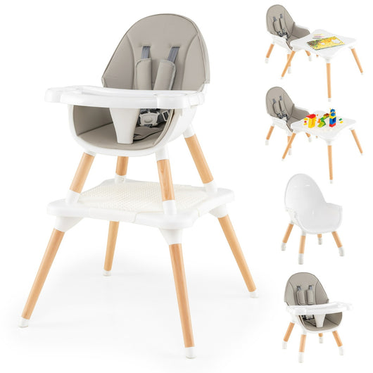 Set tavolo sedia 6-in-1 convertibile con vassoio rimovibile, Sedia in legno per pranzo e studio per bambini Grigio-Seggioloni
