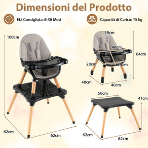 Set tavolo sedia 6-in-1 convertibile con vassoio rimovibile, Sedia in legno per pranzo e studio per bambini Nero-Seggioloni