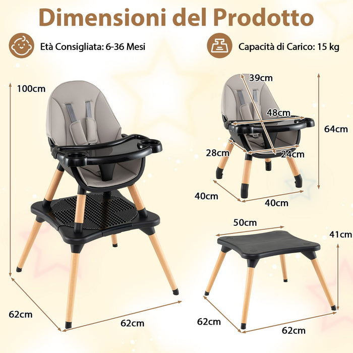 Set tavolo sedia 6-in-1 convertibile con vassoio rimovibile, Sedia in legno per pranzo e studio per bambini Nero-Seggioloni