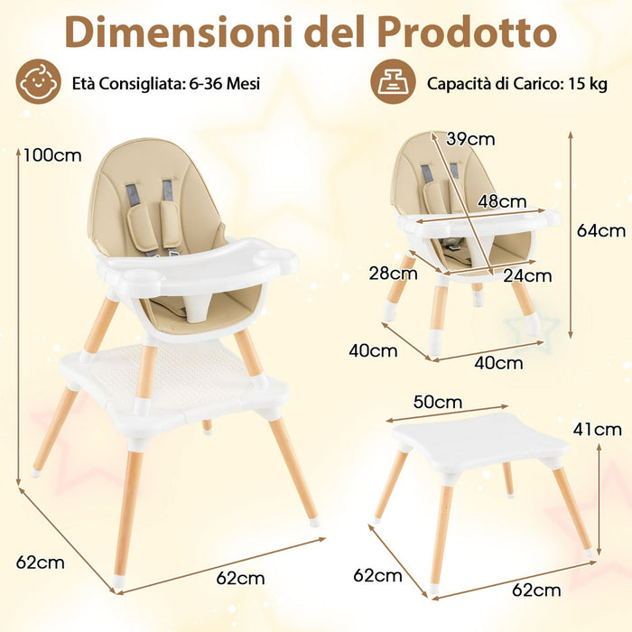 Set tavolo sedia 6-in-1 convertibile con vassoio rimovibile, Sedia in legno per pranzo e studio per bambini Beige-Seggioloni