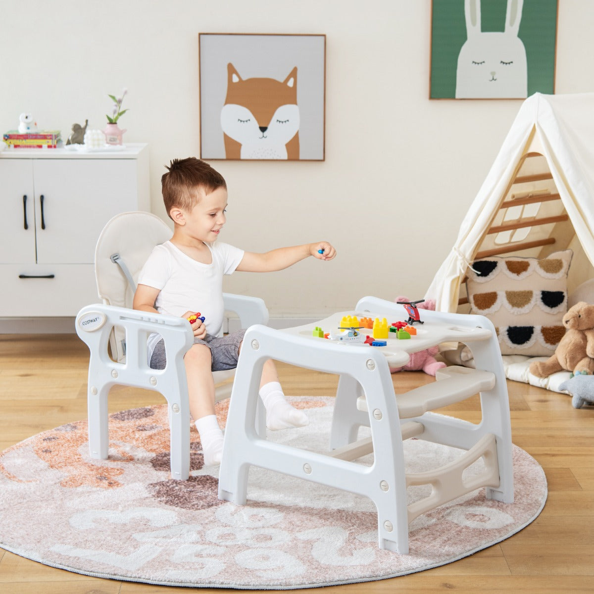 Seggiolone per bambini con vassoio rimovibile a 4 posizioni cuscino per seduta, Sedia da pappa convertibile Beige-Seggioloni