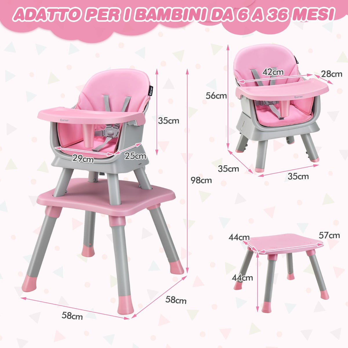 Seggiolone per neonati con imbracatura a 5 punti cuscino rimovibile, Seggiolone per bambini convertibile Rosa-Seggioloni