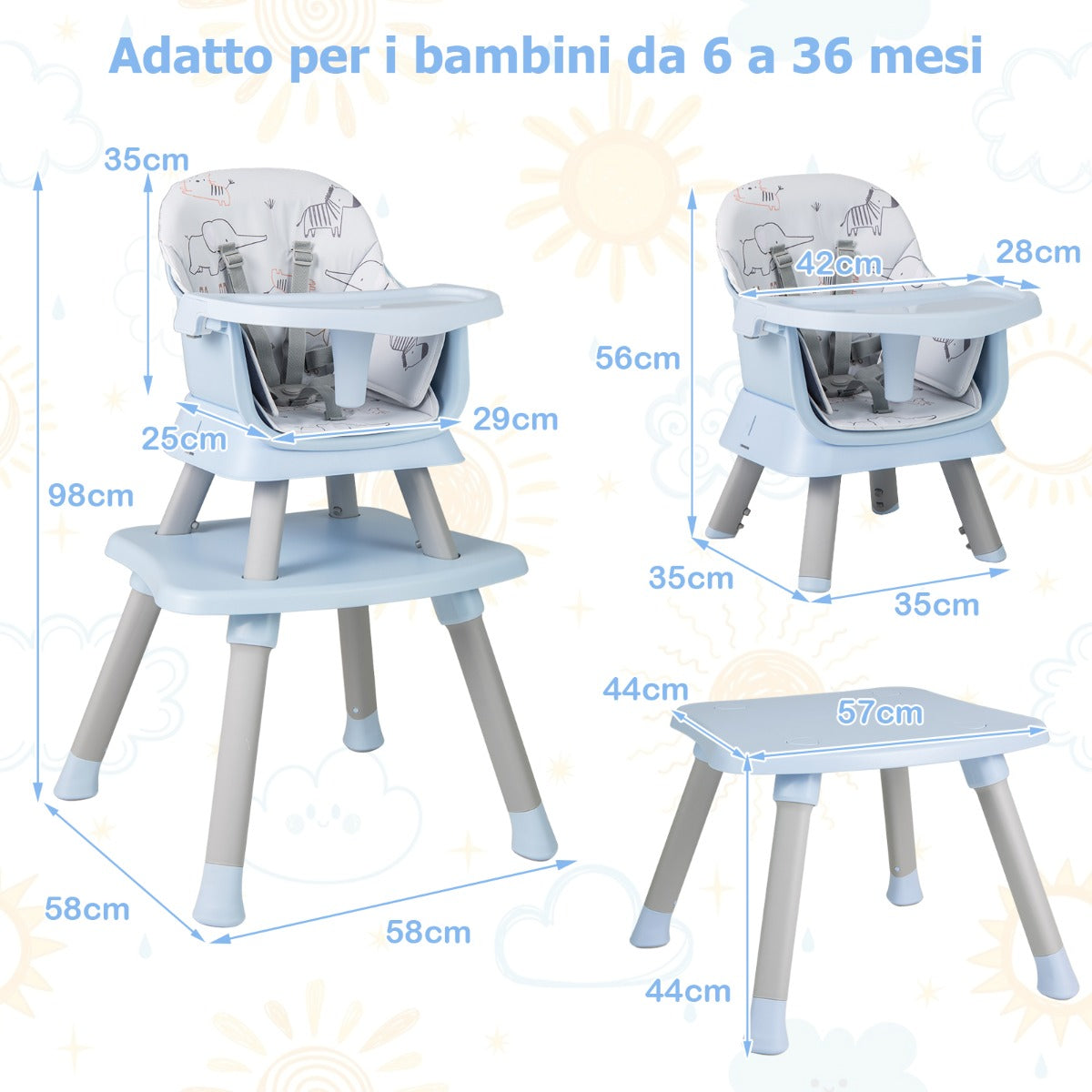 Seggiolone per neonati con imbracatura a 5 punti cuscino rimovibile, Seggiolone per bambini convertibile Blu-Seggioloni