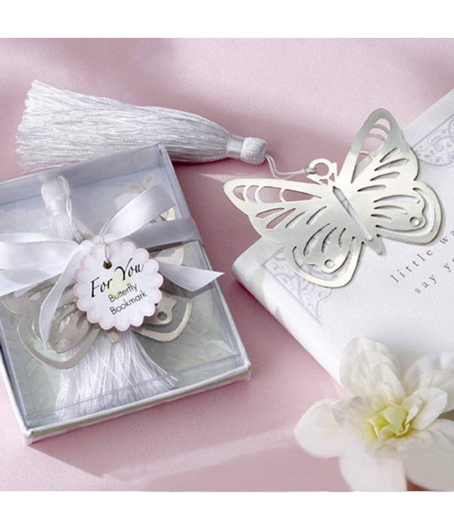 Segnalibro Farfalla Con Nappa Bianca Scatola Segnaposto Metallo Bomboniera Wedding         