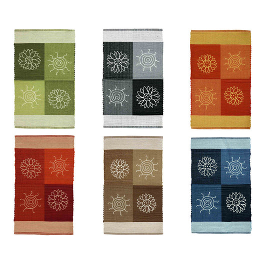 Tappeto SUMMER BEIGE disegno sole e fiori 100% cotone annodati a mano, tappetino stuoia bagno multiuso lavabile cm.50x80