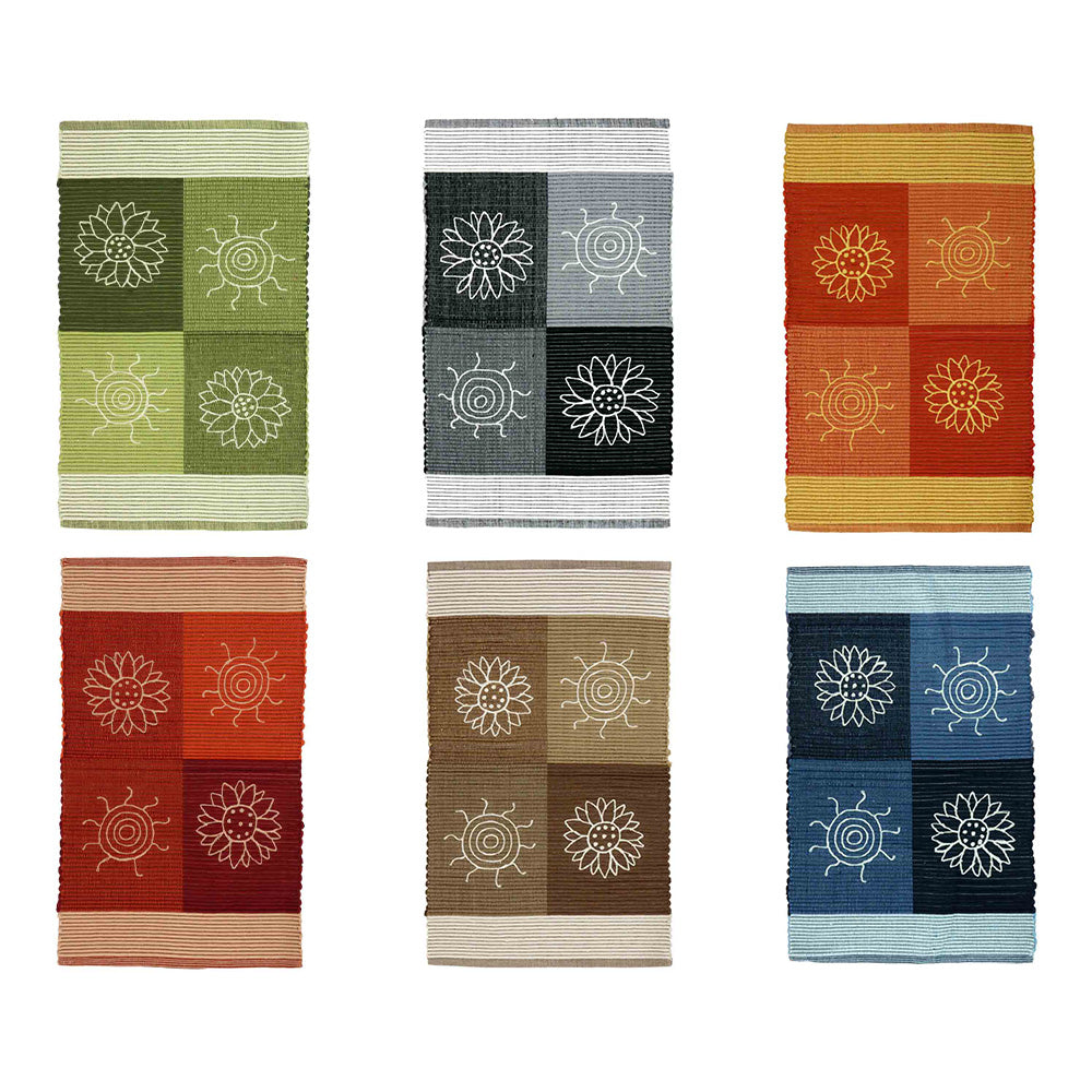 Tappeto SUMMER ARANCIONE disegno sole e fiori 100% cotone annodati a mano, tappetino stuoia bagno multiuso lavabile cm.50x80