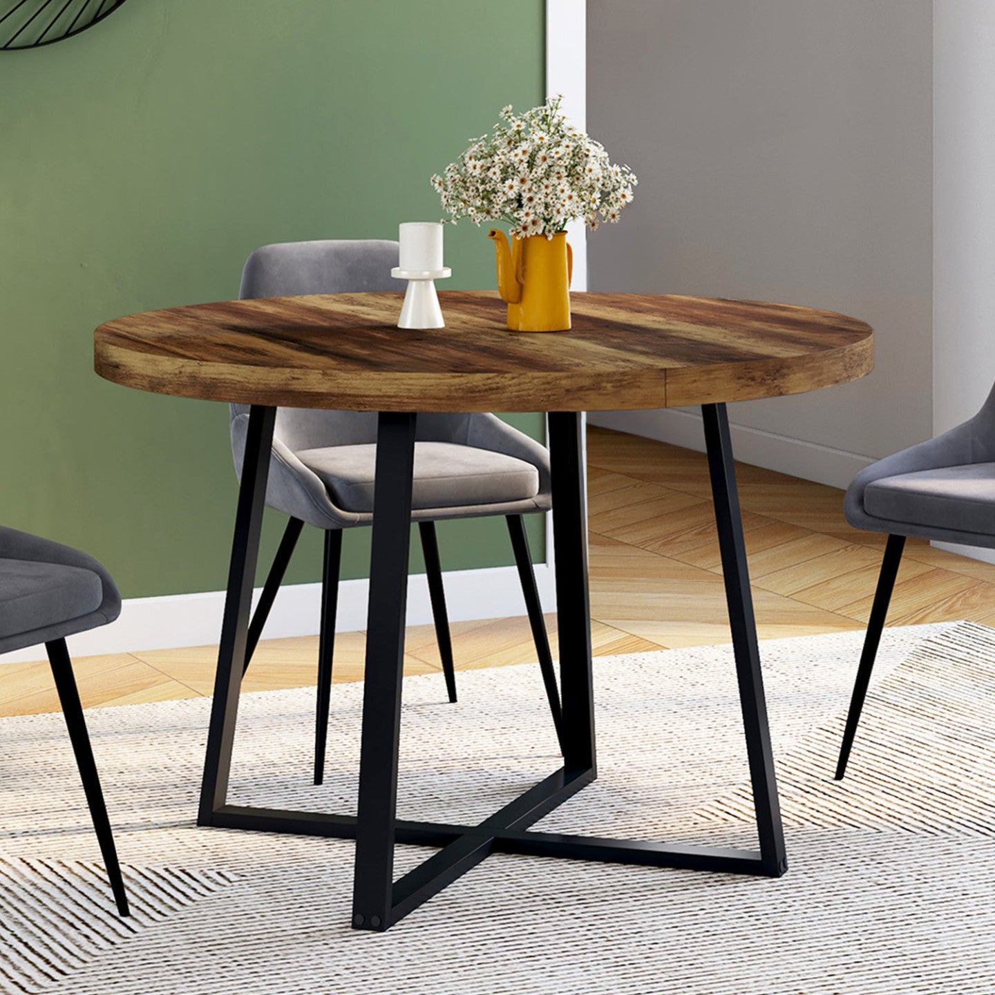 IDMarket - SELMA tavolo da pranzo rotondo 4 persone HAWKINS legno scuro e nero 110 cm