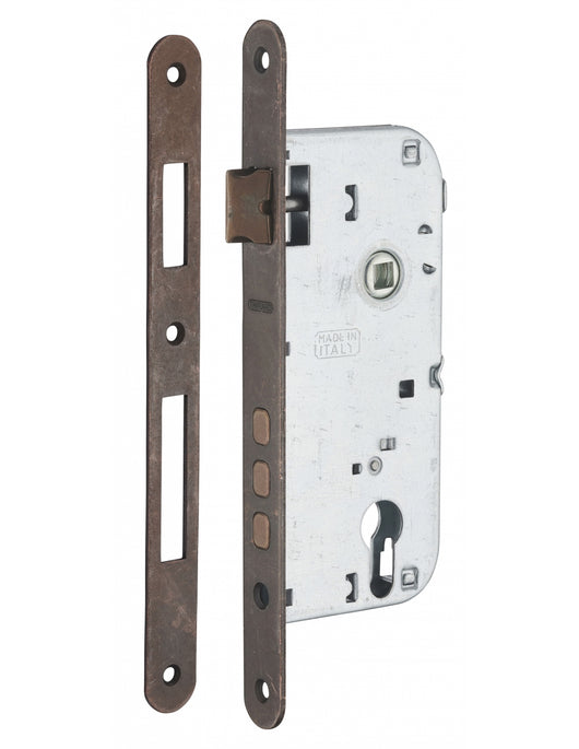 Serratura da incasso a cilindro europeo 85mm x 45mm, reversibile, piastra tonda, richiamo 1/2 giro, bronzo - THIRARD