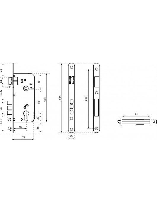 Serratura da incasso a cilindro europeo 85mm x 45mm, reversibile, piastra tonda, richiamo 1/2 giro, cromo opaco - THIRARD