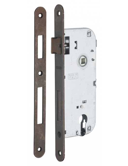 Serratura da incasso a cilindro europeo 90mm x 40mm, doppia mandata, reversibile, piastra tonda, richiamo 1/2 giro, bronzo - THIRARD